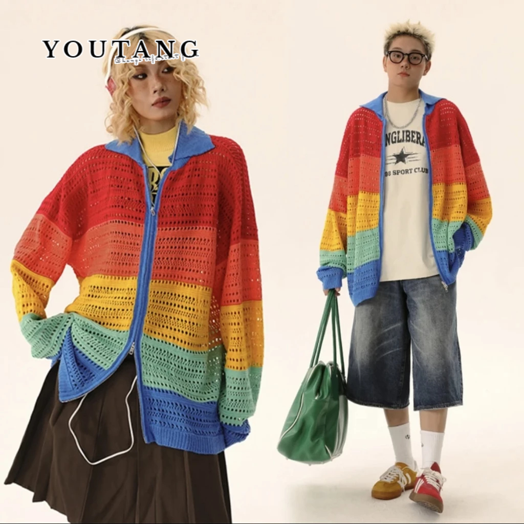 Áo cardigan YOUTANG dệt kim rỗng dáng rộng dây kéo đơn giản họa tiết màu sọc phong cách Mỹ retro cho nam nữ