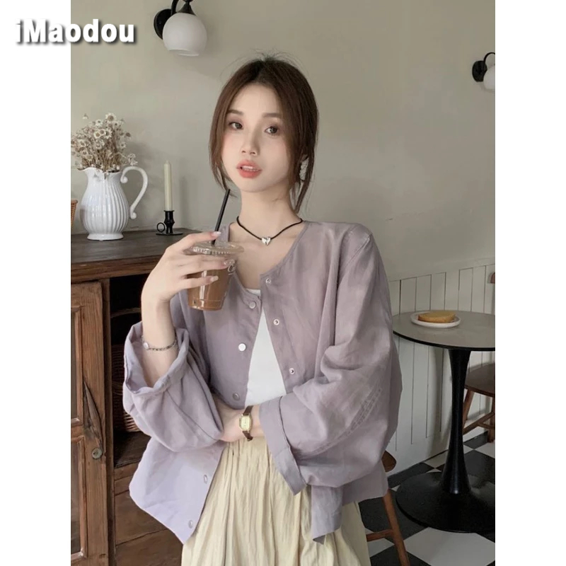 Áo Khoác Sơ Mi Mỏng Chống Nắng Dáng Rộng Màu Trơn Đơn Giản Phong Cách Hàn Quốc Cho Nữ Mới