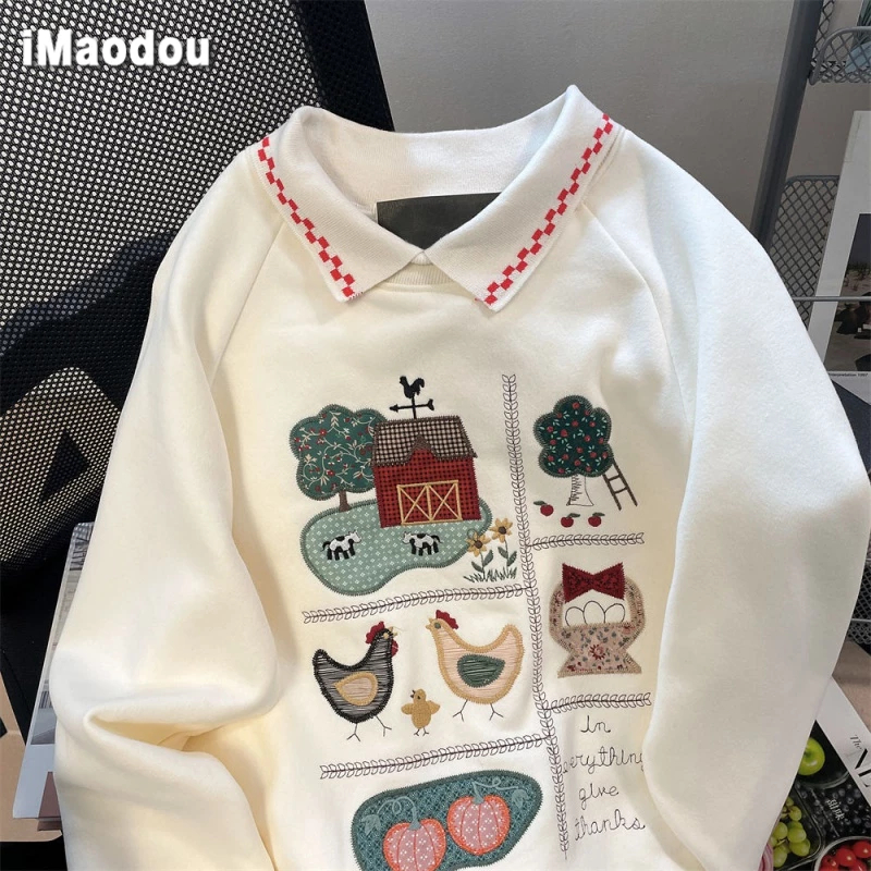 IMAODOU  Áo sweater Cổ polo Tay Dài Dáng Rộng Thêu Họa Tiết Phong Cách hong kong Thời Trang Xuân Thu Cho Nữ