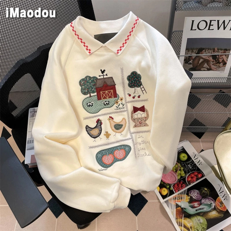 IMAODOU  Áo sweater Cổ polo Tay Dài Dáng Rộng Thêu Họa Tiết Phong Cách hong kong Thời Trang Xuân Thu Cho Nữ