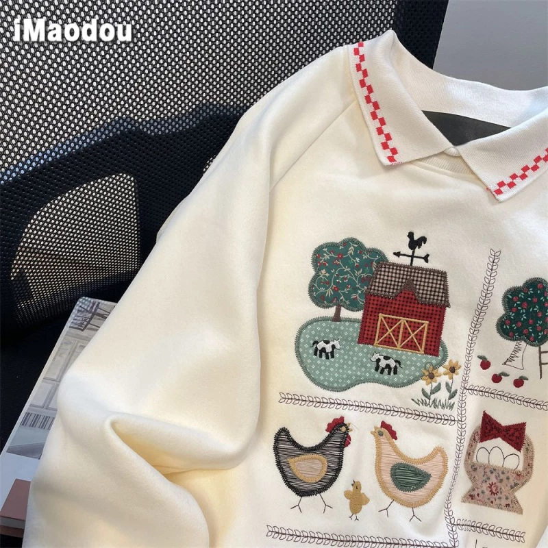 IMAODOU  Áo sweater Cổ polo Tay Dài Dáng Rộng Thêu Họa Tiết Phong Cách hong kong Thời Trang Xuân Thu Cho Nữ