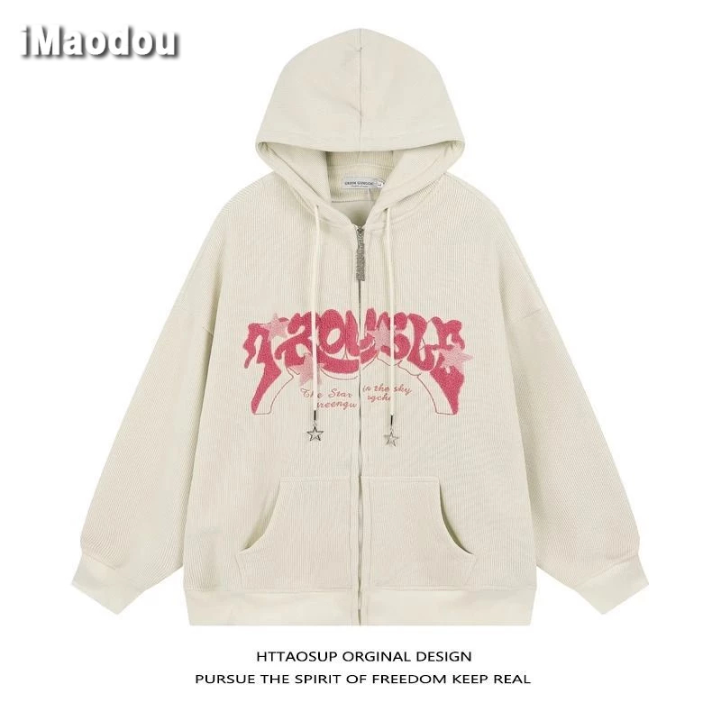 IMaodou Mỹ Áo Khoác sweatshirt Vải Nhung Kẻ Thiết Kế Khóa Phong Cách Nhật Bản Đơn Giản Dễ Phối Đồ Thu Đông Cho Nam Và Nữ