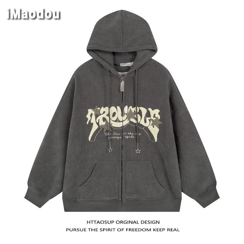 IMaodou Mỹ Áo Khoác sweatshirt Vải Nhung Kẻ Thiết Kế Khóa Phong Cách Nhật Bản Đơn Giản Dễ Phối Đồ Thu Đông Cho Nam Và Nữ