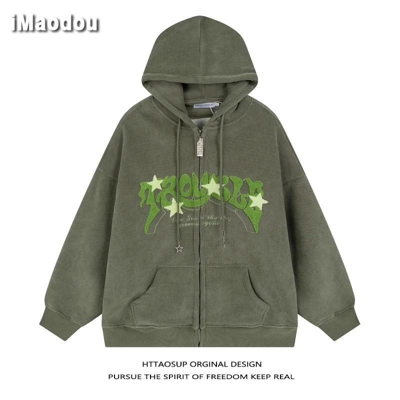 IMaodou Mỹ Áo Khoác sweatshirt Vải Nhung Kẻ Thiết Kế Khóa Phong Cách Nhật Bản Đơn Giản Dễ Phối Đồ Thu Đông Cho Nam Và Nữ