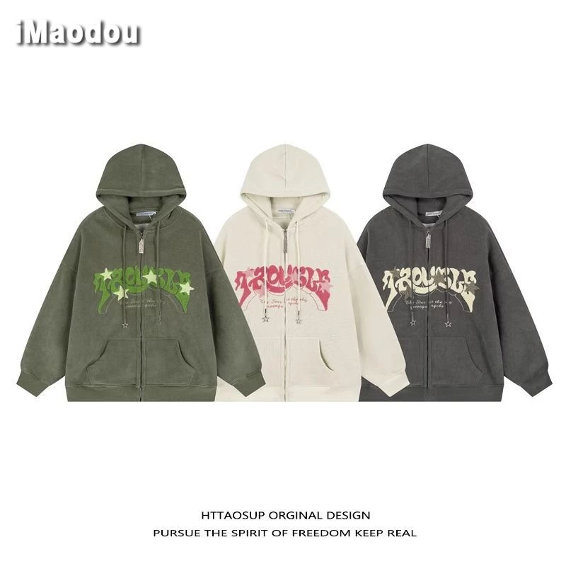 IMaodou Mỹ Áo Khoác sweatshirt Vải Nhung Kẻ Thiết Kế Khóa Phong Cách Nhật Bản Đơn Giản Dễ Phối Đồ Thu Đông Cho Nam Và Nữ