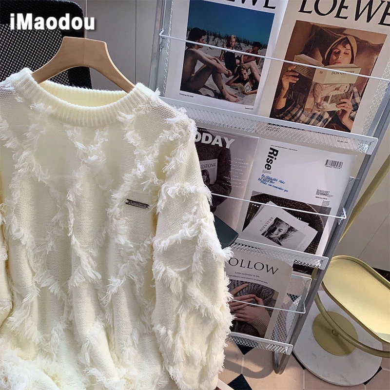 IMaodou Áo Khoác sweater Dệt Kim Phối Tua Rua Kiểu retro Mỹ Thời Trang Thu Đông Cho Nam