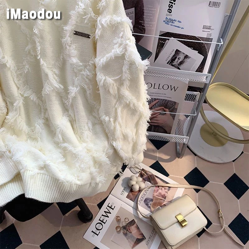 IMaodou Áo Khoác sweater Dệt Kim Phối Tua Rua Kiểu retro Mỹ Thời Trang Thu Đông Cho Nam