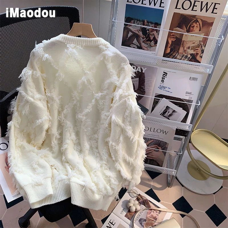 IMaodou Áo Khoác sweater Dệt Kim Phối Tua Rua Kiểu retro Mỹ Thời Trang Thu Đông Cho Nam