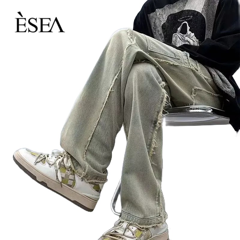 Quần jean nam ESEA thời trang rộng rãi giản dị quần denim viền thô cả nam và nữ đều có thể mặc