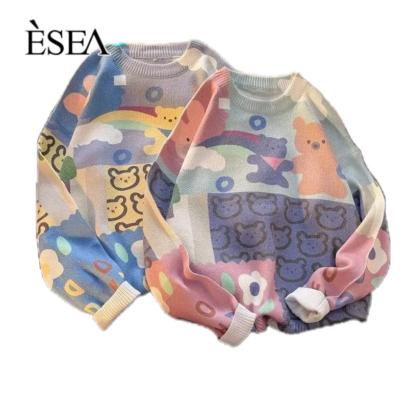 Áo sweater ESEA dệt kim dáng rộng phối màu hình gấu muối phong cách Hong Kong ins cho cặp đôi