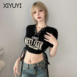 XIYUYI  Áo Thun Không Tay Cổ Chữ v Rút Dây Eo In Họa Tiết Phong Cách retro Mỹ Quyến Rũ Cho Nữ
