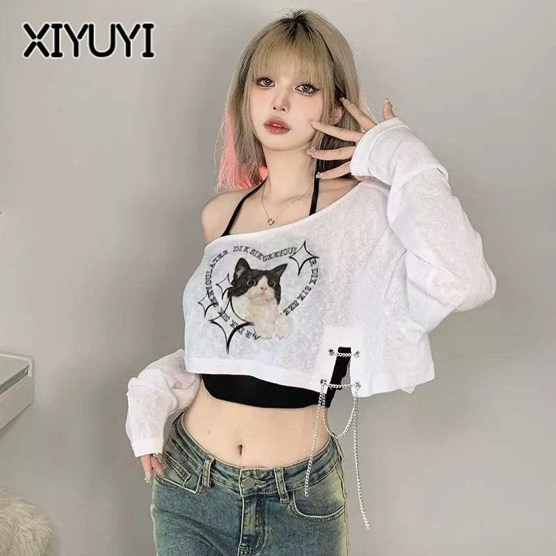 XIYUYI set Áo Thun Tay Dài Dáng Rộng In Hình Mèo Phối Dây Xích Chống Nắng + Áo Hai Dây