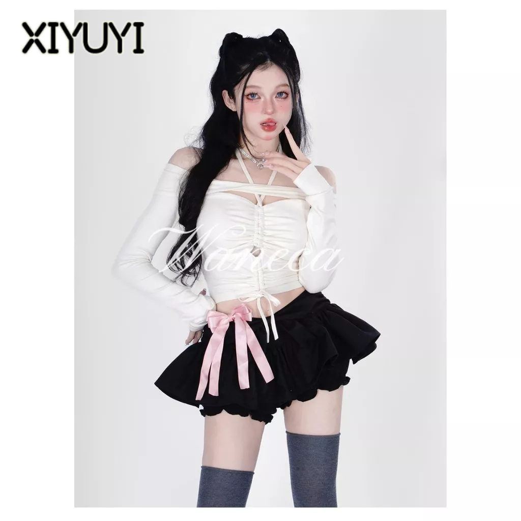 XIYUYI Set Áo Tay Dài Hở Vai Phối Dây Rút + Chân Váy Đen / Trắng Thời Trang Cho Nữ