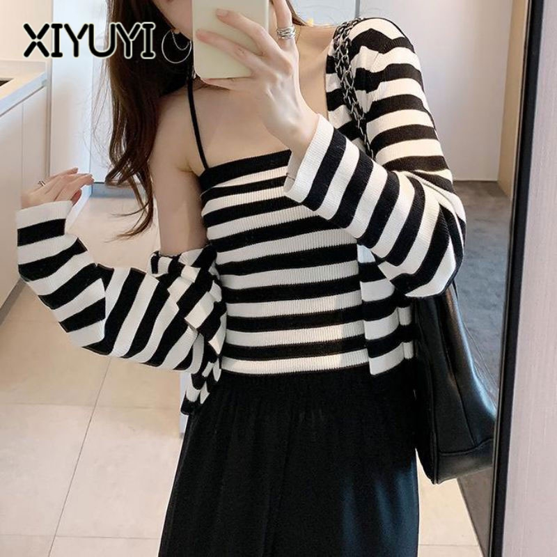 XIYUYI set Áo Thun Dài Tay Sọc Ngang + Áo Hai Dây Và Quần short Thời Trang Dành Cho Nữ