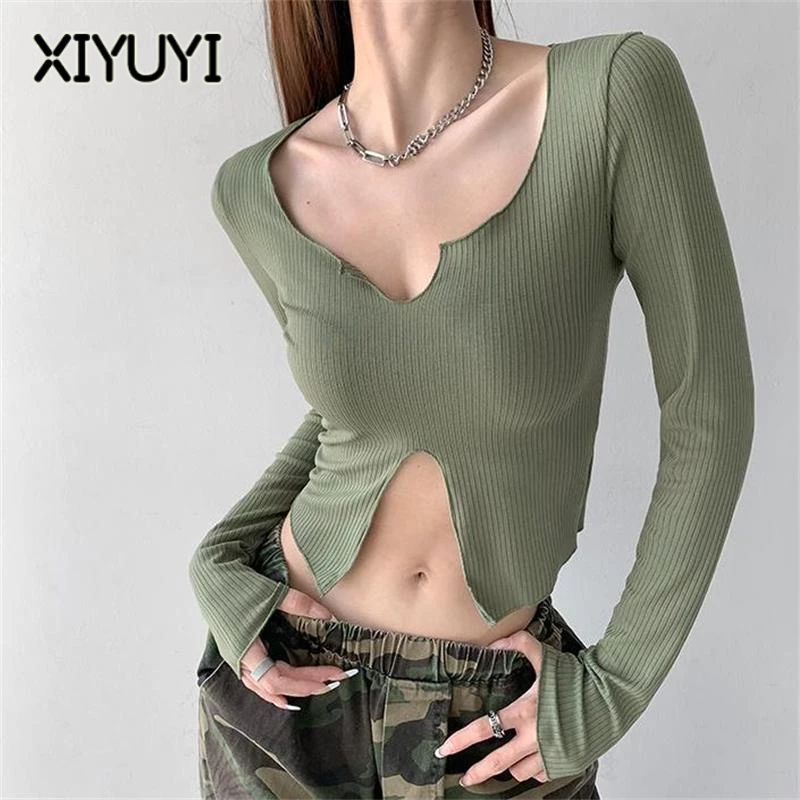 XIYUYI Áo Thun Crop top Tay Dài Cổ Vuông Dáng Ôm Cài Nút Xẻ Tà Thời Trang Cho Nữ