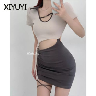 XIYUYI  Đầm Tay Ngắn Dáng Ôm Thiết Kế Độc Đáo Thời Trang Mùa Hè Quyến Rũ Cho Nữ