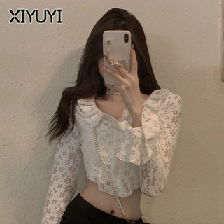 XIYUYI  Áo Sơ Mi Trắng Tay Dài Ống Loe Phối Ren Rỗng Thời Trang Mùa Thu 2022 Cho Nữ