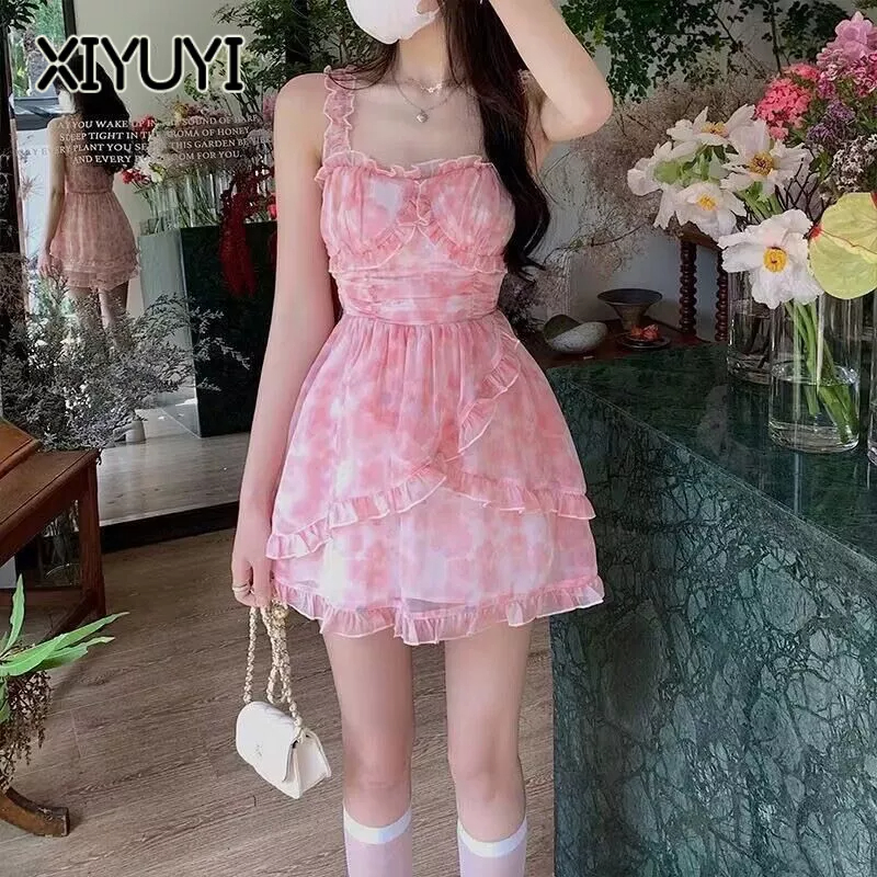 XIYUYI Đầm Voan Hai Dây Dáng Chữ a In Hoa Thời Trang Mùa Hè Dành Cho Nữ