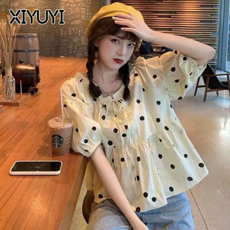 XIYUYI Áo Sơ Mi chiffon Tay Phồng Ngắn Dáng Rộng Họa Tiết Chấm Bi Thời Trang Mùa Hè Hàn Quốc Cho Nữ