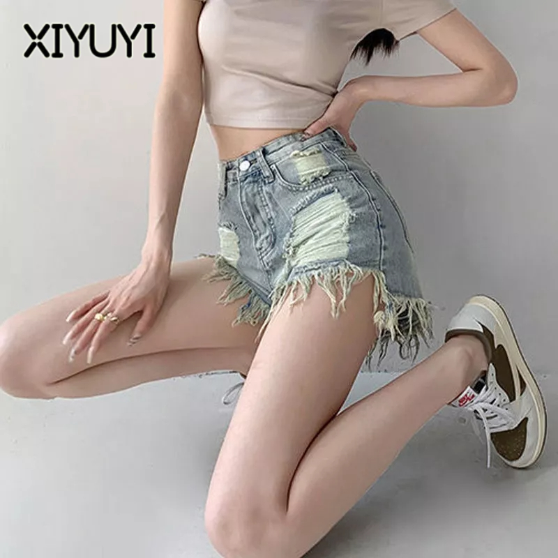 XIYUYI Quần Short denim Lưng Cao Phong Cách Đường Phố Gợi Cảm Cho Nữ