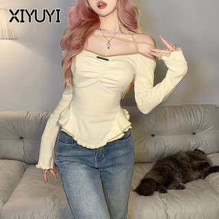 XIYUYI Áo Thun Tay Dài Hở Lưng Màu Trơn Phong Cách Âu Mỹ Thời Trang Mùa Xuân Quyến Rũ Cho Nữ