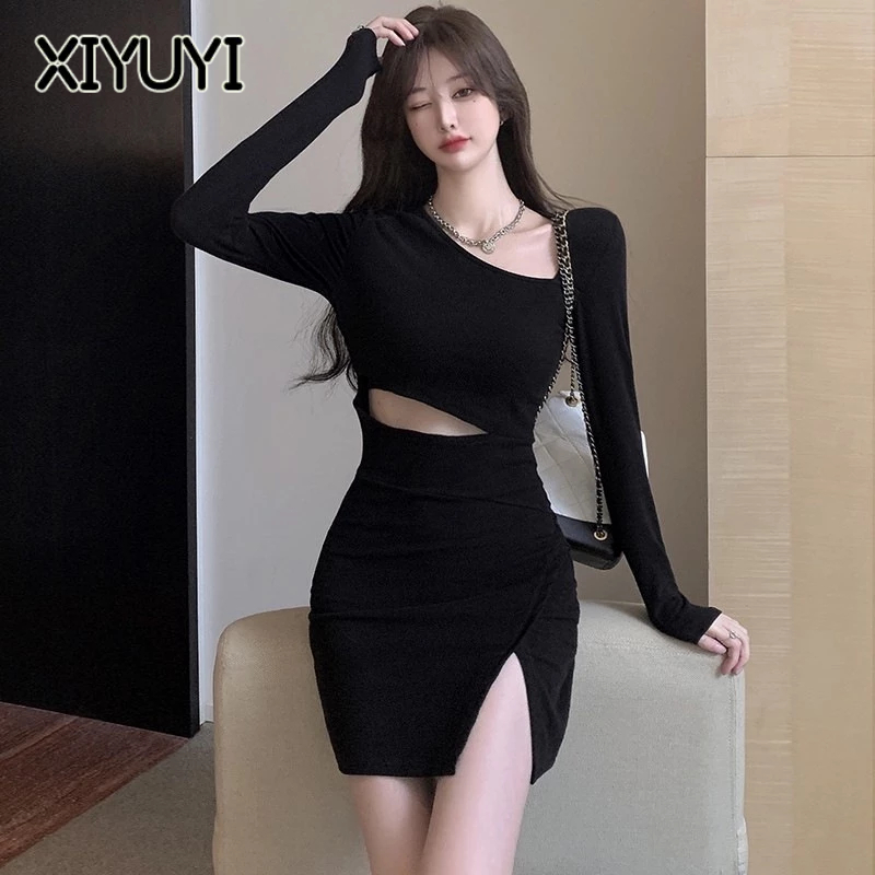 XIYUYI Đầm Tay Dài Cổ Chéo Eo Quyến Rũ Thời Trang Mùa Thu Cho Nữ