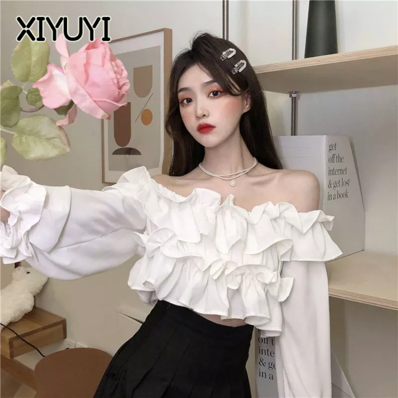XIYUYI Áo Thun Ngắn Hở Một Bên Vai Phối Bèo Màu Trơn Thời Trang Mùa Hè Cho Nữ