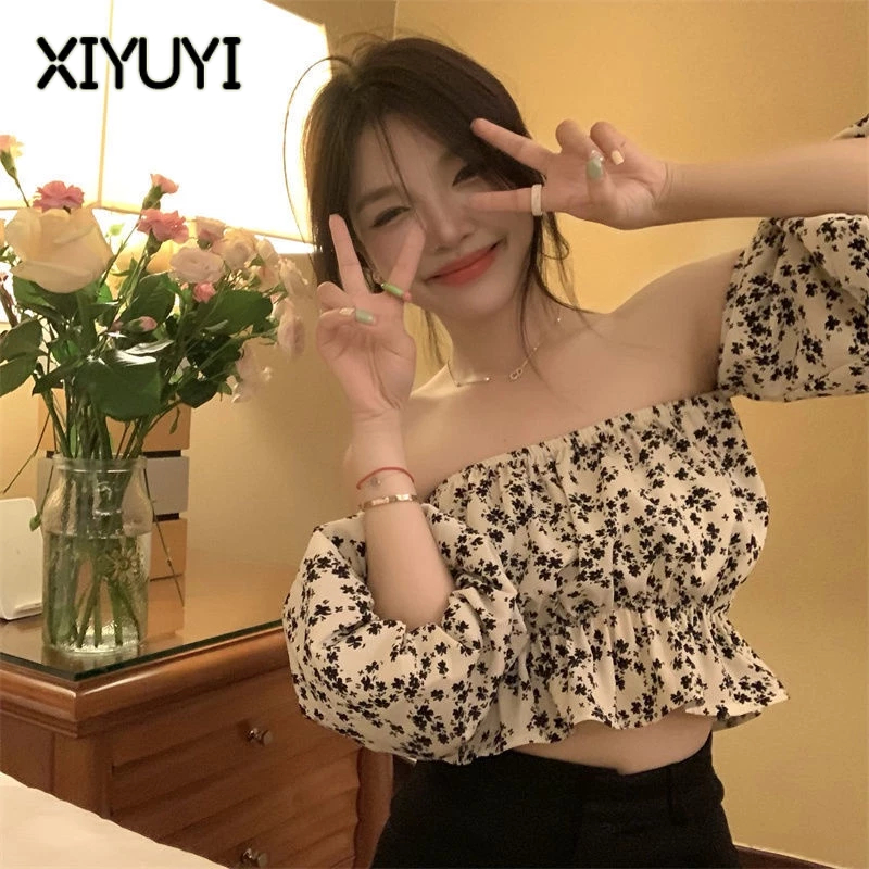 XIYUYI Áo chiffon Ống Tay Phồng In Hoa Thời Trang Mùa Hè Cho Nữ