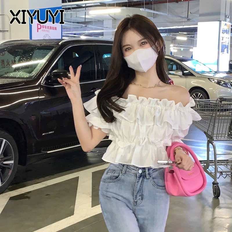 XIYUYI Áo Sơ Mi Ngắn Hở Vai Nhún Bèo Màu Trắng Thời Trang Mùa Hè Ngọt Ngào Cho Nữ