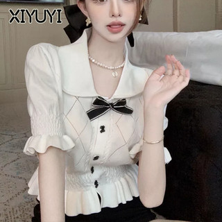 XIYUYI Áo polo Dệt Kim Ngắn Tay Thắt Nơ Eo Họa Tiết Kim Cương Ngọt Ngào Phong Cách Ngọt Ngào Cho Nữ