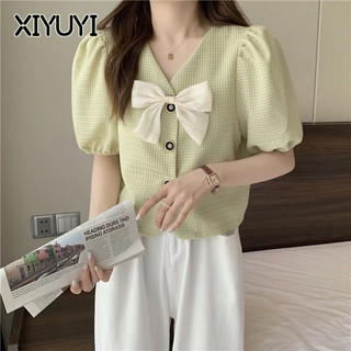 XIYUYI Áo Sơ Mi Tay Phồng Ngắn Cổ Chữ v Màu Trơn Thời Trang Cho Nữ