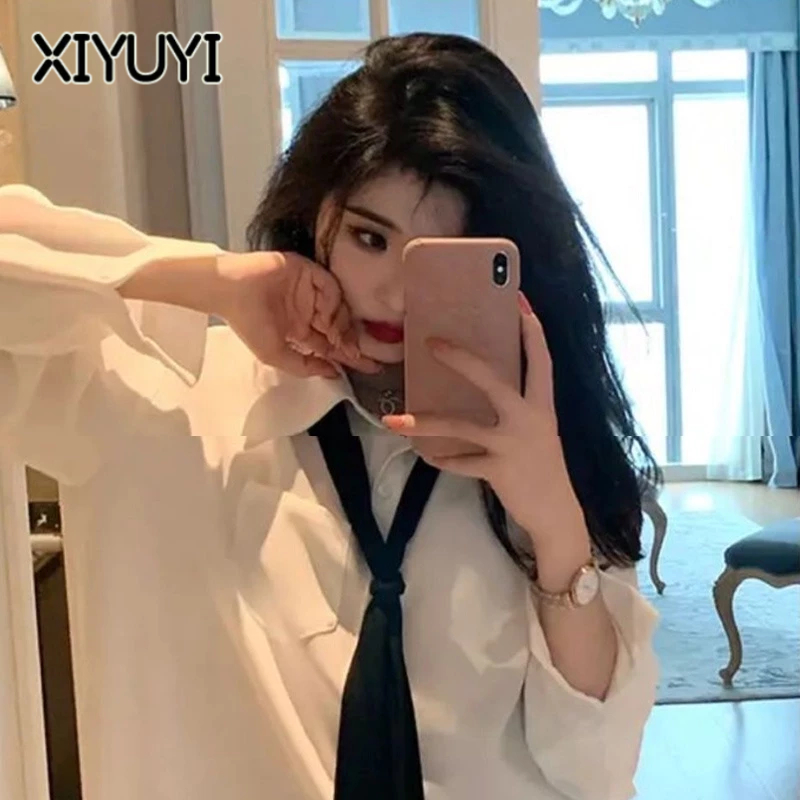 XIYUYI Áo Sơ Mi Chống Nắng Mỏng Dáng Rộng Dài Trung Bình Buộc Cà Vạt Màu Trắng Chất Lượng Cao Cho Nữ
