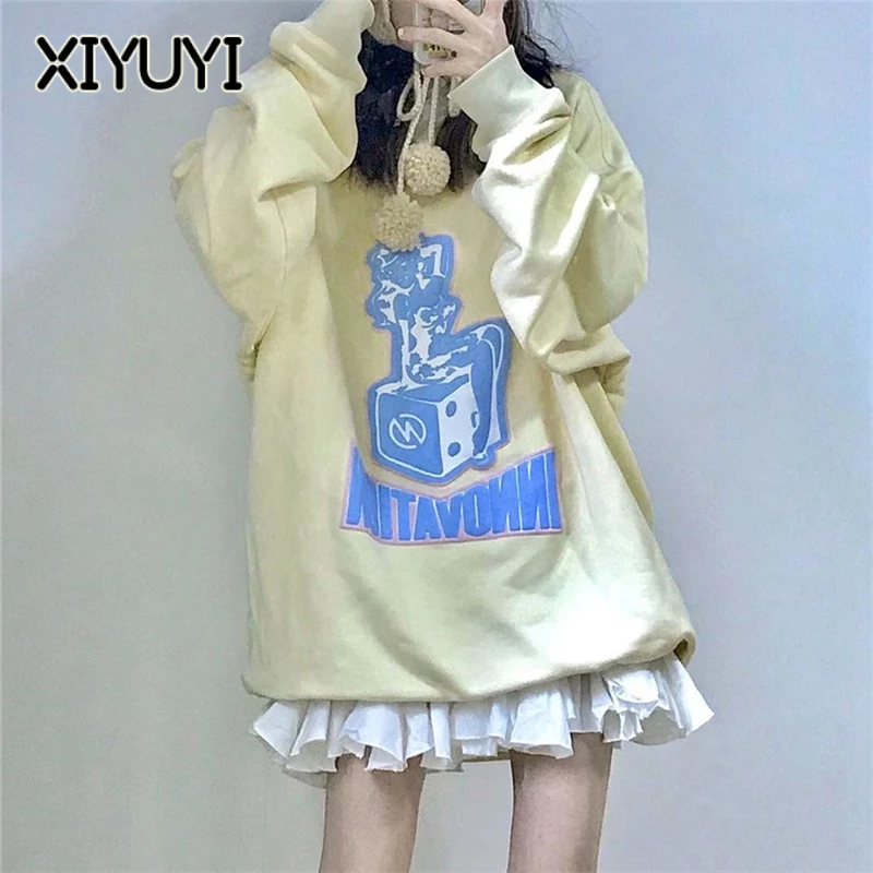 XIYUYI Áo Khoác sweater Mỏng Cổ Tròn Dáng Rộng In Họa Tiết Kiểu Hàn Quốc Xinh Xắn Cho Nữ