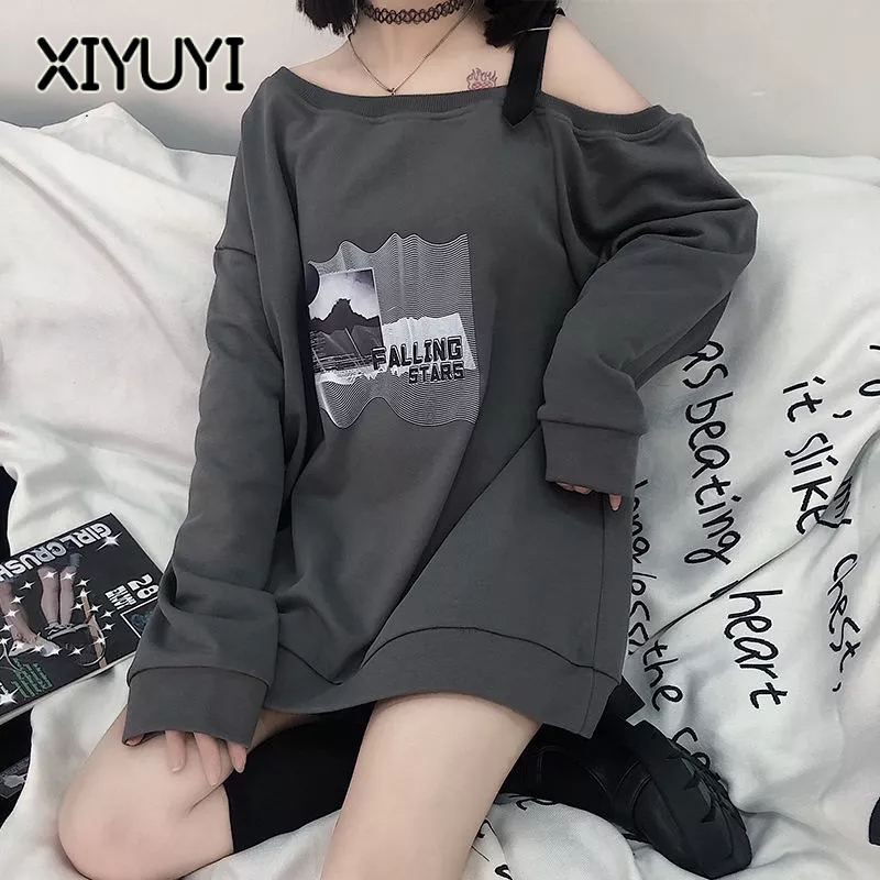 XIYUYI Áo sweater Trễ Vai Dáng Rộng Phong Cách Hàn Quốc Cho Nữ