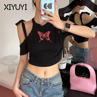 XIYUYI  Áo Thun Tay Ngắn Hở Vai In Hình Bướm Dành Cho Nữ