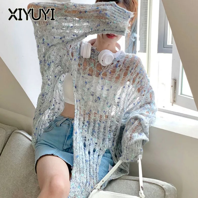 Áo XIYUYI tay dài chống nắng dệt kim rỗng eo cao xẻ tà dáng rộng và mỏng cho nữ