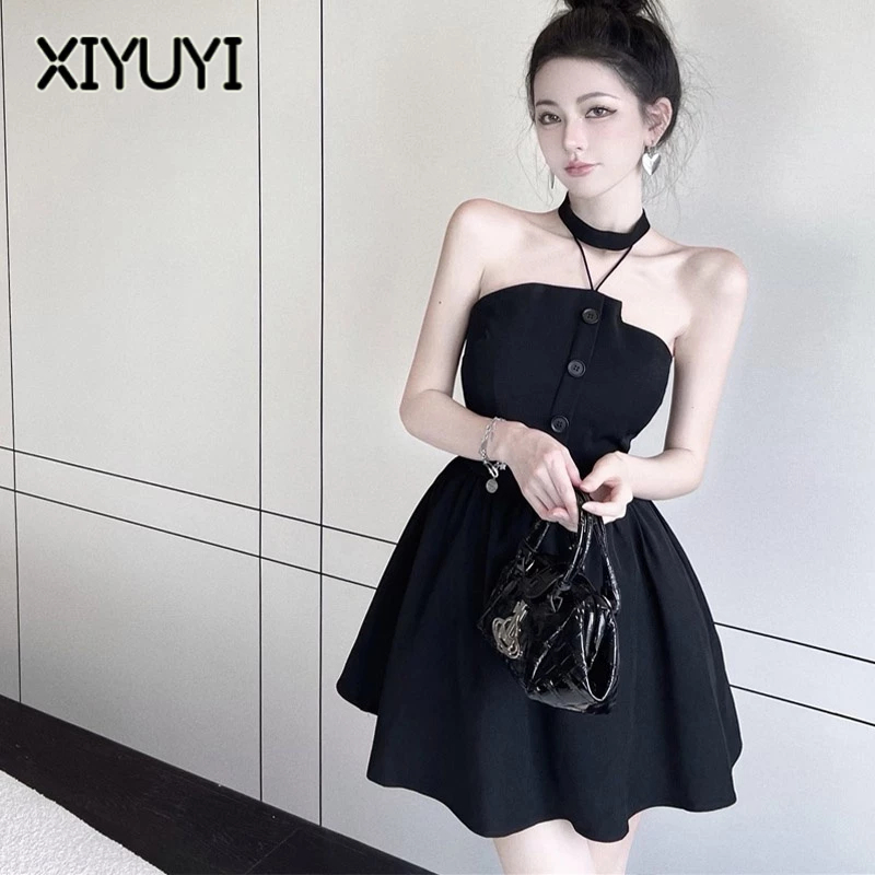 XIYUYI Đầm Xòe Không Tay Hở Lưng Ngọt Ngào Phong Cách Pháp Cho Nữ