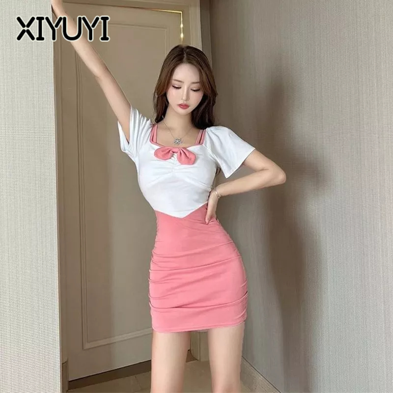 XIYUYI Đầm Cổ Vuông Phối Màu Tương Phản Thời Trang Cho Nữ