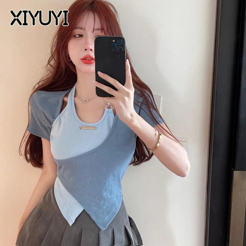 XIYUYI Áo Thun Ngắn Tay Hở Vai Màu Tương Phản Cá Tính Cho Nữ