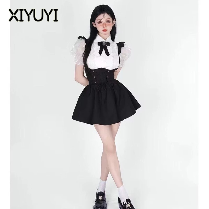 XIYUYI Bộ Áo Sơ Mi Trắng Tay Xòe Thắt Nơ + Chân Váy Yếm Xinh Xắn Cho Nữ