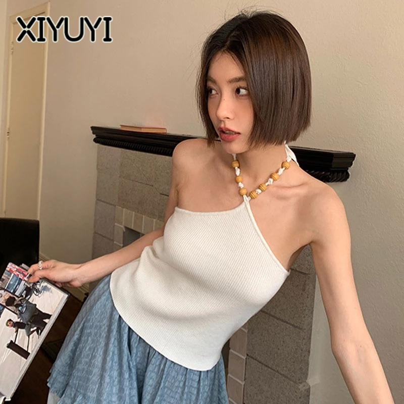 Áo dệt kim XIYUYI không tay cổ yếm ôm dáng thời trang gợi cảm cho nữ
