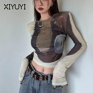  XIYUYI Áo Thun Tay Dài Có Màu Tương Phản Cho Nữ
