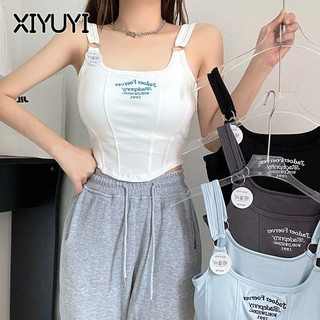 XIYUYI Áo Thun cotton Trơn Dáng Ôm Ngắn In Chữ Nhỏ Mặc Trong Thời Trang Cho Nữ