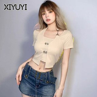XIYUYI Áo Thun Croptop Ngắn Tay Giả Hai Lớp Lưng Cao Thời Trang Cho Nữ