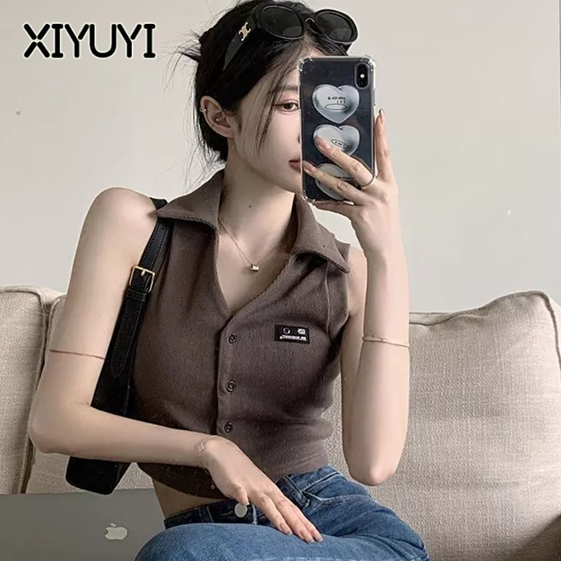 XIYUYI Áo Thun polo Ngắn Sát Nách Màu Trơn Sang Trọng Mặc Bên Trong Và Ngoài Phong Cách retro Mỹ Mùa Hè Cho Nữ