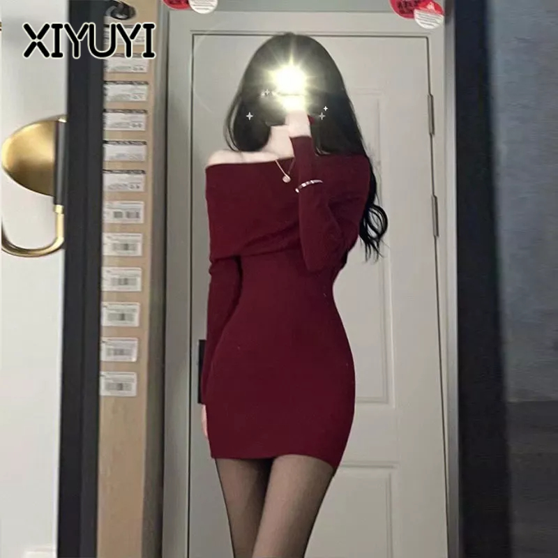 XIYUYI Đầm Ôm Trễ Vai Tay Dài Màu Đen Phong Cách Giáng Sinh Quyến Rũ Cho Nữ