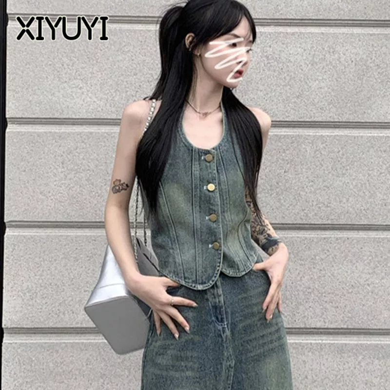 XIYUYI set Áo denim Không Tay Và Chân váy jean Lưng Cao Phong Cách Hàn Quốc Cho Nữ