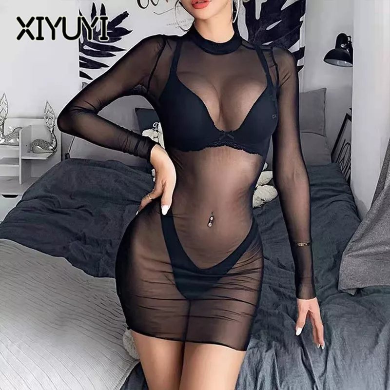 XIYUYI Đầm Dáng Ôm Màu Trơn Xuyên Thấu Gợi Cảm Cho Nữ