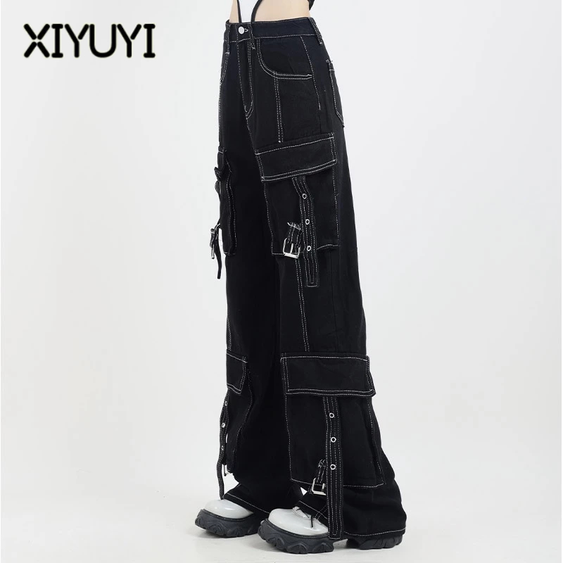 XIYUYI Quần Jean Ống Rộng Phối Nhiều Túi Phong Cách Đường Phố Cá Tính Dành Cho Nữ