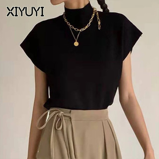 XIYUYI Áo Thun Dệt Kim Tay Ngắn Cổ Cao Dáng Rộng Thời Trang Mùa Hè Xinh Xắn Cho Nữ